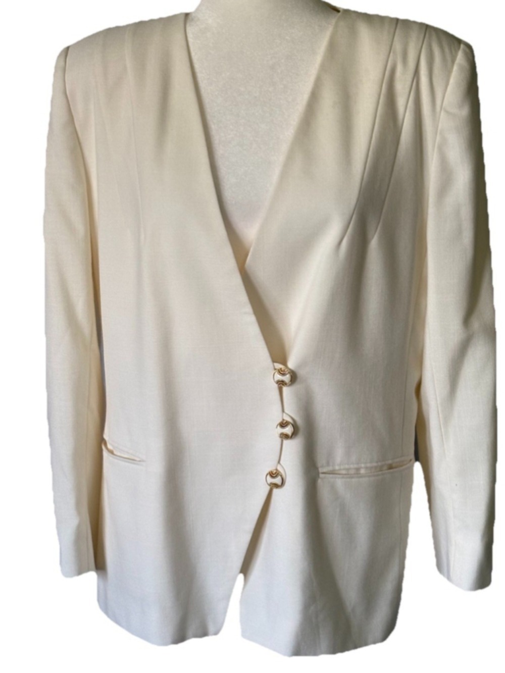 VTG Suitsme Petites Cream Blazer Jacket 14 Collarless Asymmetric Gold Button 80s